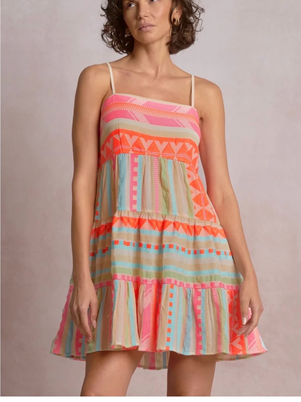 Elan Coral, Pink & Mint Striped Geo-Print Mini Dress Med NWT